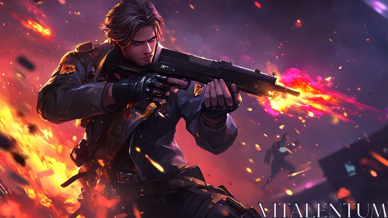 Elite soldier unleashes rifle fire through neon battlefield