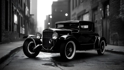 Vintage black coupe parked on wet urban alley street.