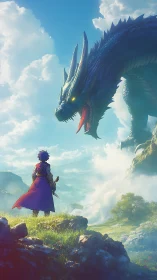 Lone swordsman confronts towering dragon on cliff edge.