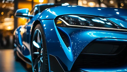 Electric blue sports coupe under glossy showroom bokeh.