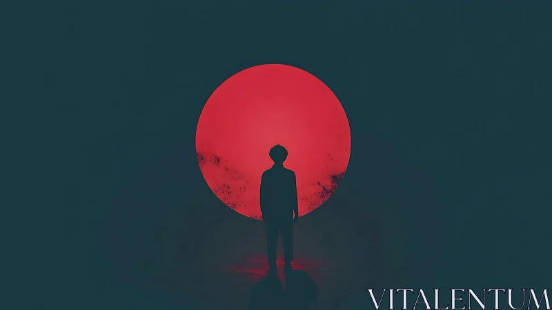 Silhouette before crimson solar disc in minimalist digital art.