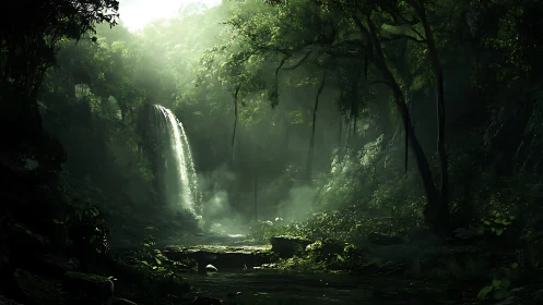 Waterfall cascades through dense tropical forest with filtered light