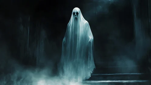 Ghostly figure hovering in dark stairway engulfed by fog.