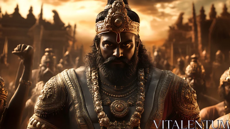 Imperial warlord in gold armor under molten dusk sky.