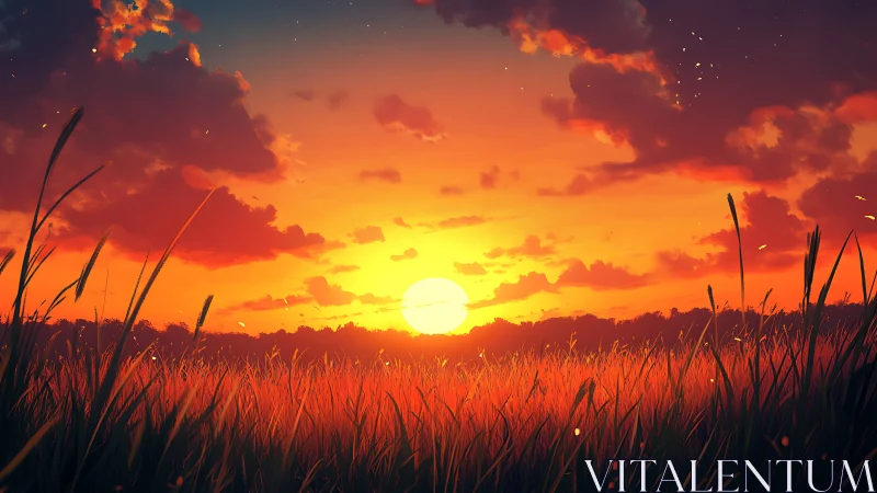 Radiant sun descends over glowing wheat field horizon at dusk.