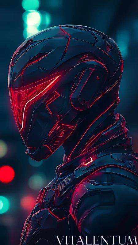 Cybernetic sentry stands in neon-lit futuristic alleyway.