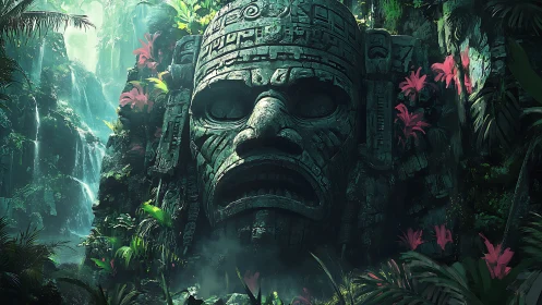 Colossal jungle stone face dominates misty waterfall ravine