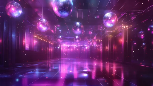 Neon lit mirrored disco hall with suspended reflective spheres