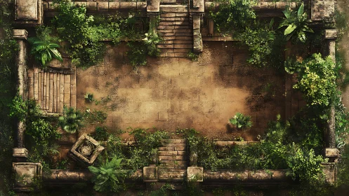 Orthographic survey of overgrown stone courtyard ruins.