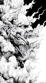 Intricate line-work forms a turbulent, smoke-sculpted bearded visage