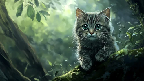 Digitally Rendered Tabby Kitten in Verdant Forest Ecosystem.