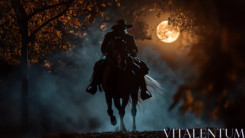 Moonlit rider moves through misty autumn forest in silence