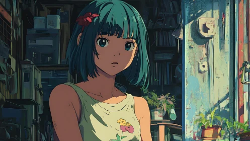 Green haired daydreamer pauses in a sunlit urban workshop