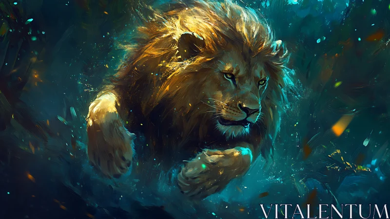 Majestic golden-maned lion racing through glowing waters.