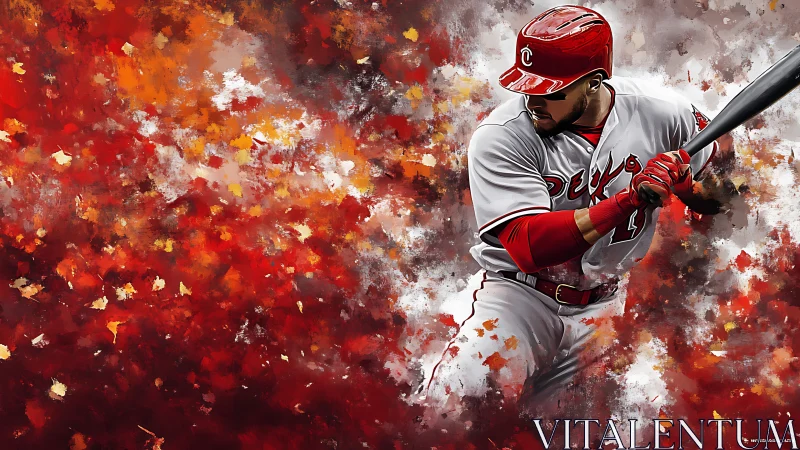 Fiery baseball batter ready to swing in a burst of color.