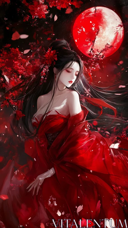 Moonlit lady in flowing red silk under a crimson sky.