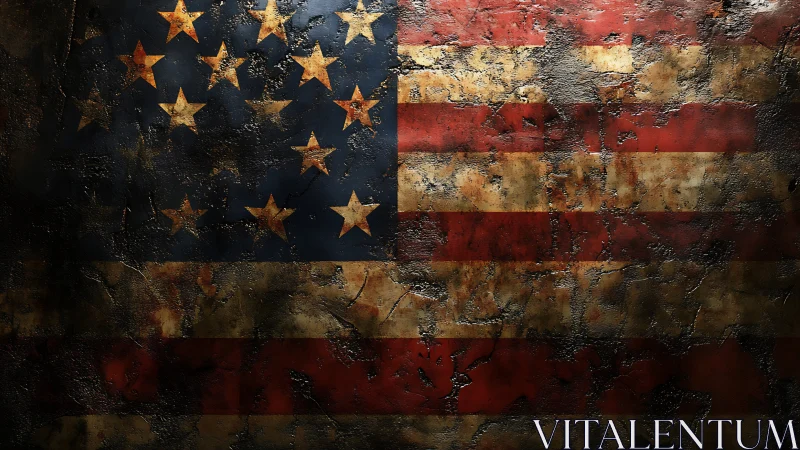 Weathered American flag glowing through cracked shadowed steel.