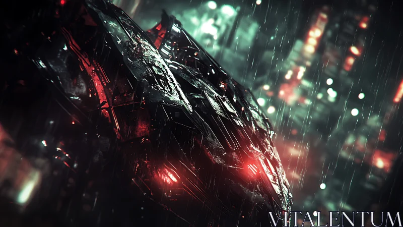 Neon soaked starship cruising through a rainlit future city.