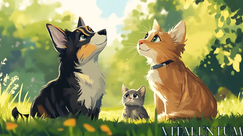 Three Cats Seated in Natural Outdoor Setting.