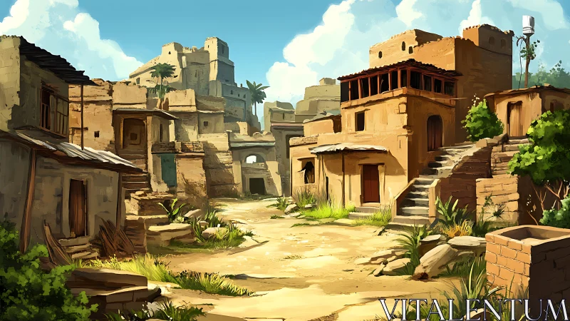 Sunlit desert village street with adobe houses and fort.
