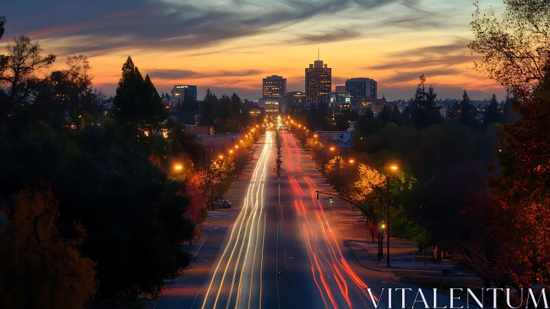 Golden hour city boulevard glows with soft evening traffic