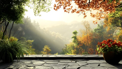 Sunlit terrace overlooks misty forest valley in autumn glow