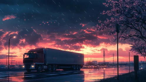 Rain-soaked highway truck glows beneath a neon sunset sky