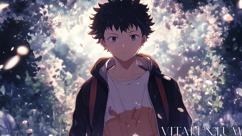 Pensive anime boy walks through glowing spring forest path.