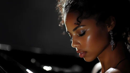 Candlelit profile of a poised woman in shimmering stillness.
