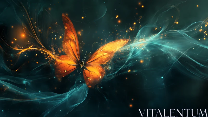 Luminescent orange butterfly intersects teal energy streams in motion