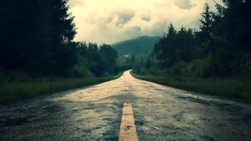 Receding Rural Roadway Through Coniferous Forest Landscape
