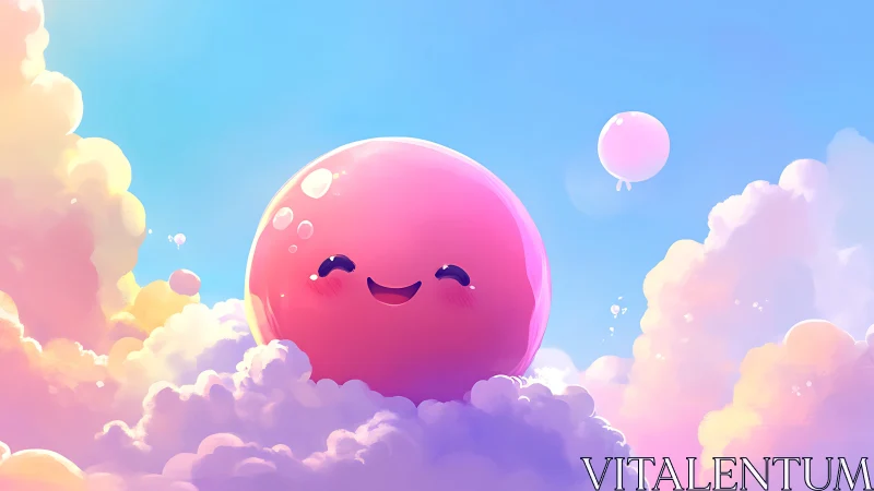 Smiling pink balloon creature floating in pastel cloudscape sky