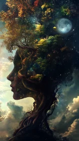 Surreal arboreal female profile merges cosmos and night sky