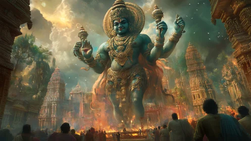 Colossal blue deity strides through burning temple city.