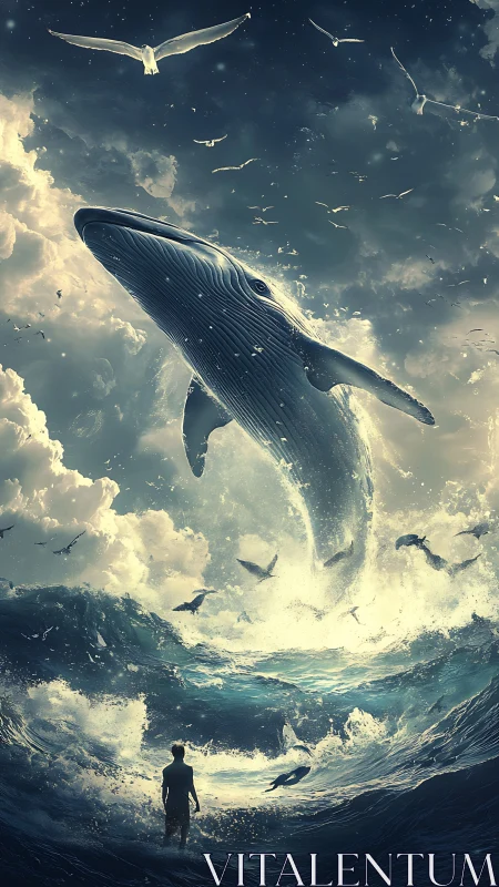 Colossal whale breach over stormy ocean with lone observer.
