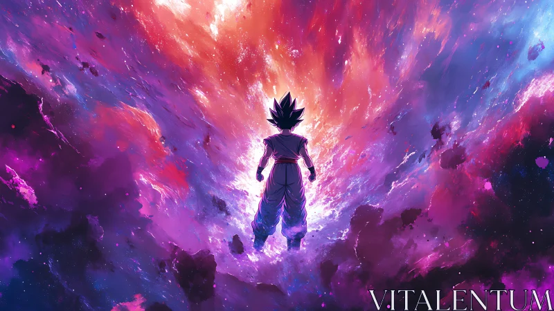 Backlit anime warrior silhouette confronts turbulent cosmic nebula