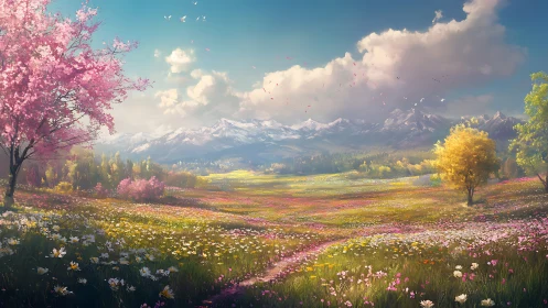 Vast alpine spring meadow with flowering trees and snow peaks