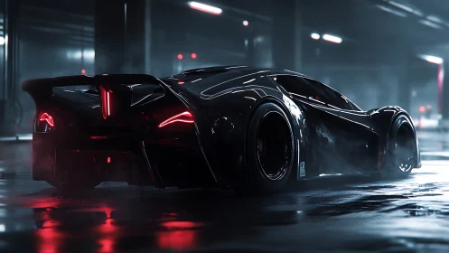 3D hypercar in neon-lit parking hangar, cinematic rear profile.