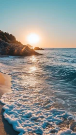 Sunlit foam scribbles glowing trails along a tranquil shore