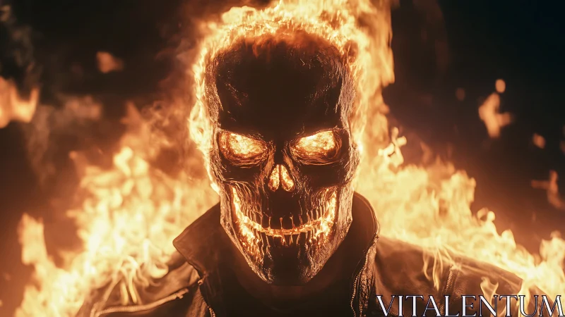 Flaming skull figure in leather jacket against dark background.
