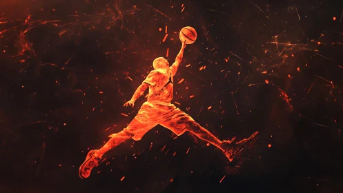 Luminous orange silhouette of leaping basketball player in flames