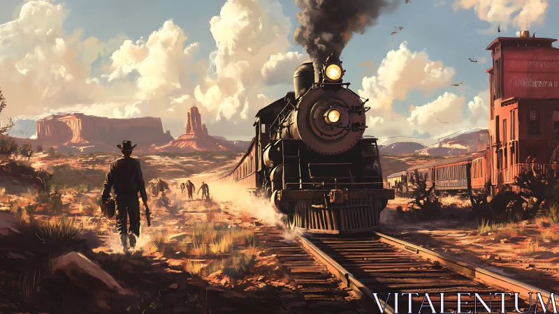 Sunlit frontier cowboy greeting a steaming desert train.