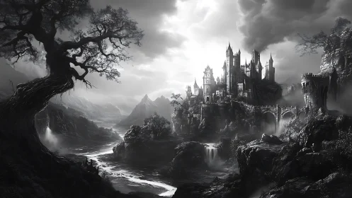 Stormlit fantasy castle rises above misty river valley