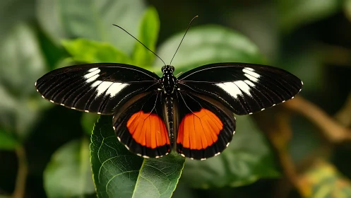 Graceful black and red butterfly resting on lush green leaf.