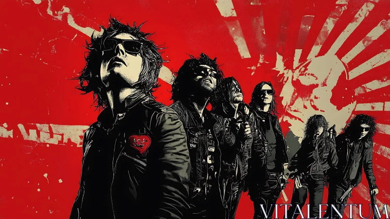 Bold rock band rises against a fierce red graphic sky