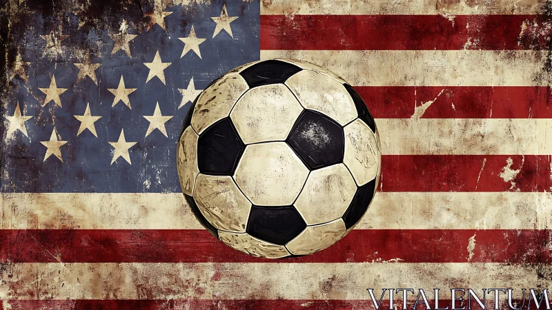 Aged soccer ball intersects distressed American flag field