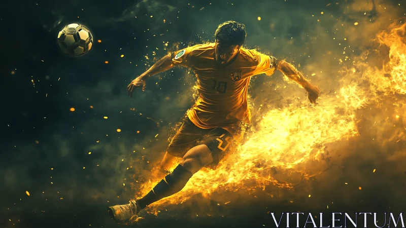 Fiery soccer striker blasts through smoke in mid kick.