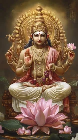 Seated four-armed deity with golden halo and lotus flowers