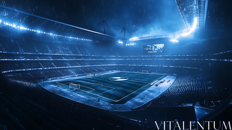 Nighttime football stadium under rain with blue lighting.