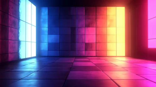 Rectangular tiled room with gradient neon wall illumination.